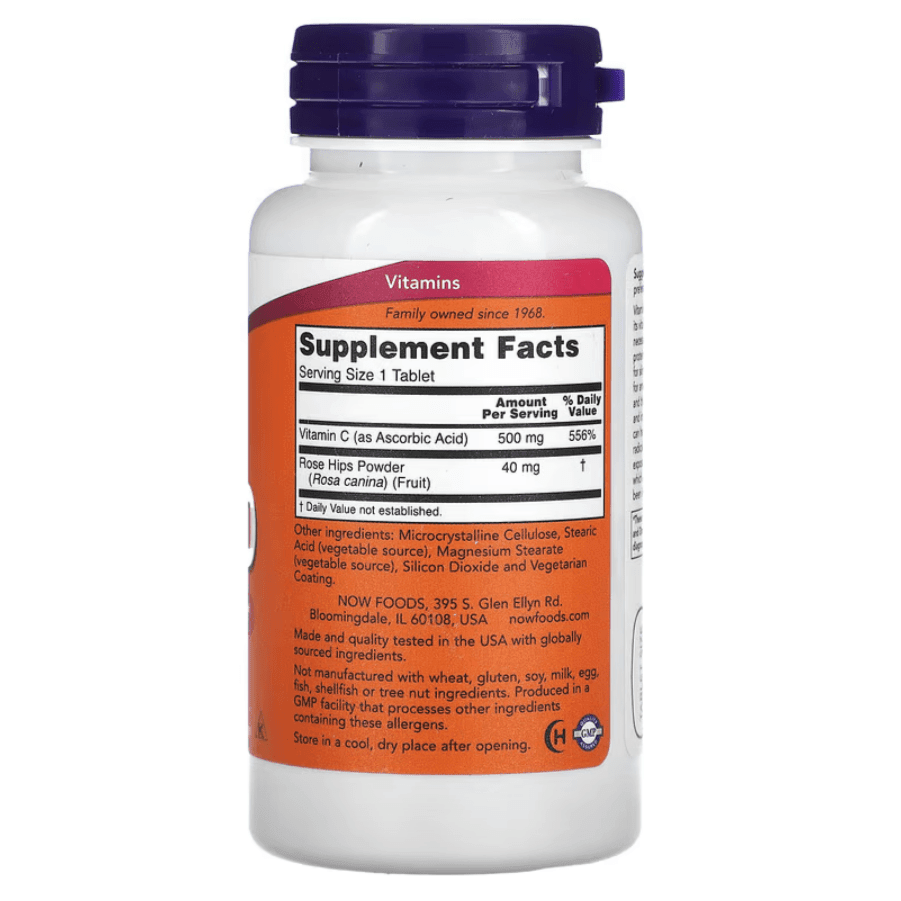 NOW Foods C-500 supplement with rose hips, 100 tablets, showing the bottle and label with product details.