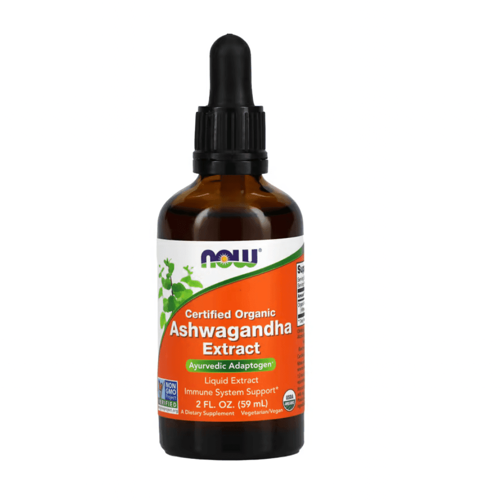 MKSTAVRINOS NOW Foods organic Ashwagandha supplement bottle with label, 2 fl oz (59 ml) herbal adaptogen extract.