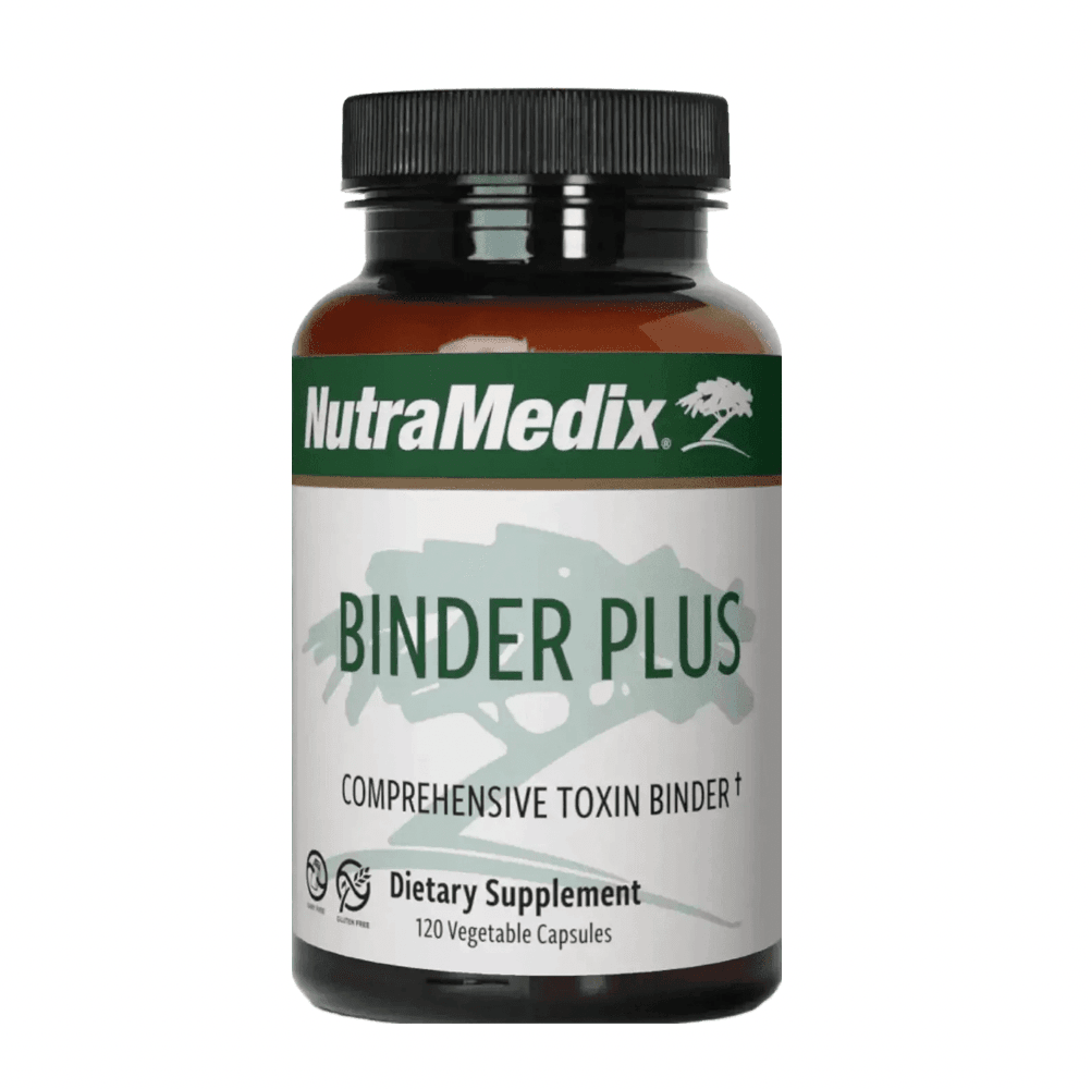 Sentosa Nutramedix Binder Plus supplement bottle with 120 vegetarian capsules, featuring a white label with green and blue accents.