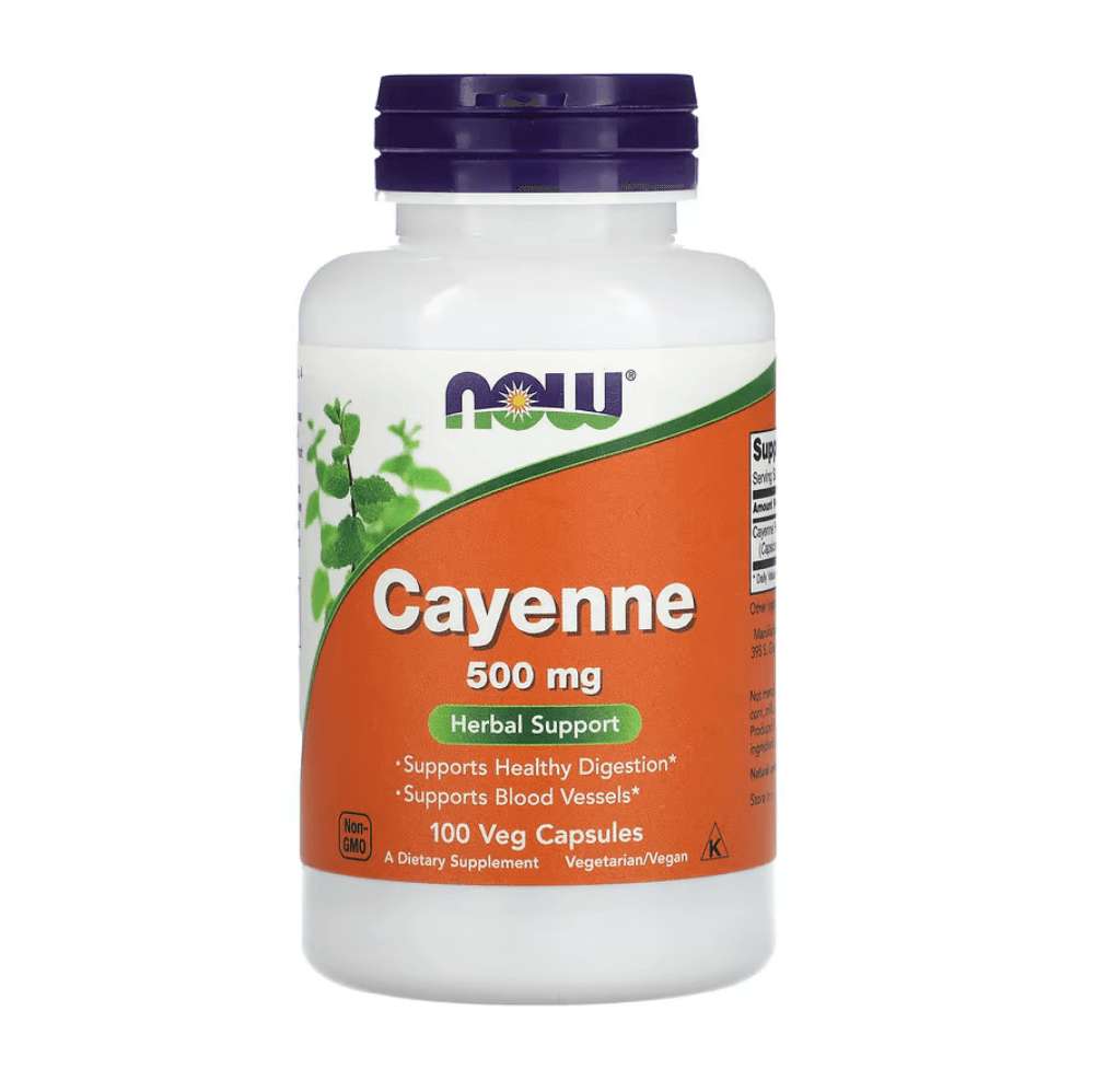 MKSTAVRINOS NOW Foods cayenne pepper supplement capsules, 500 mg, 100 vegetarian capsules for digestive and circulatory health.