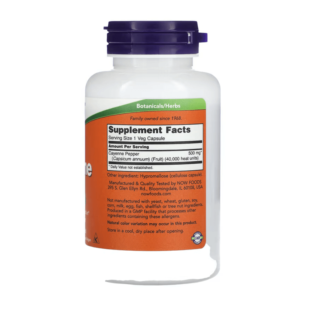 NOW Foods Cayenne 500 mg supplement capsules in a bottle, vegetarian-friendly dietary supplement for wellness.