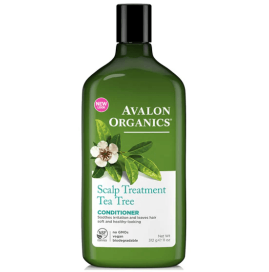 Bottle of Avalon Organics Tea Tree Shampoo Scalp Treatment in a 325 ml bottle with natural ingredients and clear label.