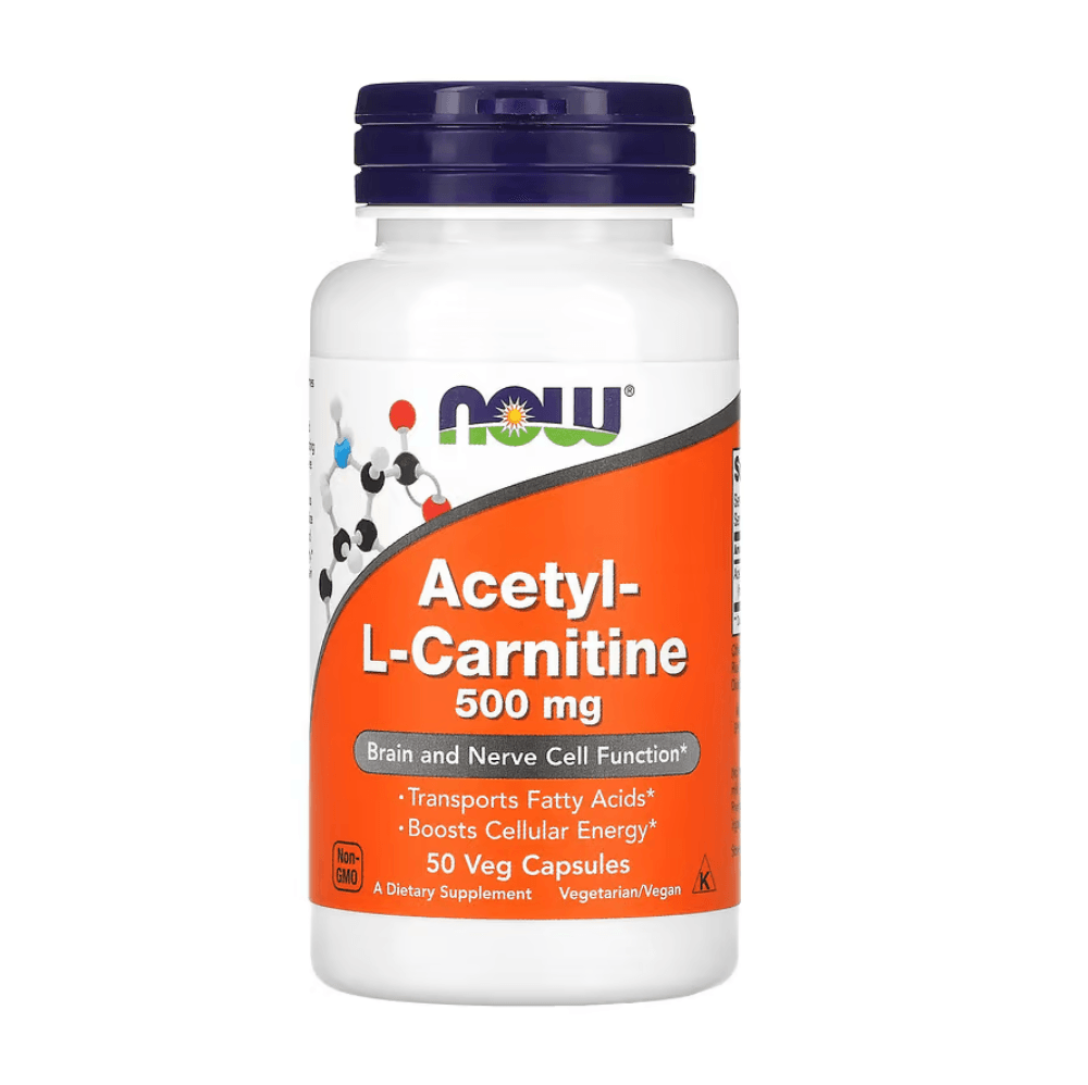 MKSTAVRINOS NOW Foods Acetyl-L-Carnitine supplement bottle with 50 vegetarian capsules, 500 mg each.