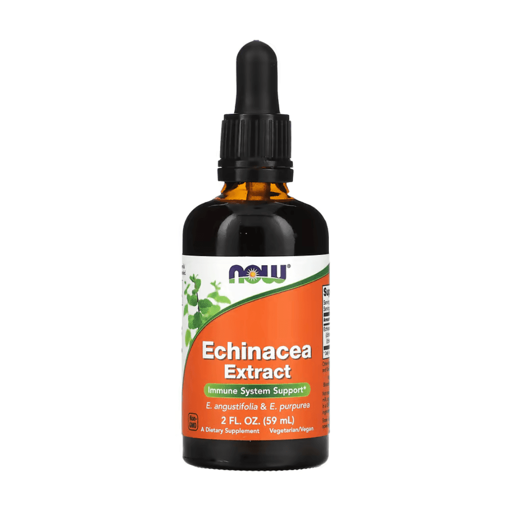 MKSTAVRINOS NOW Foods Echinacea Extract supplement in 2 fl oz bottle, close-up of the product label and dropper.