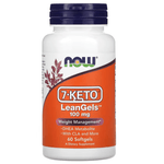 NOW Foods 7-Keto LeanGels supplement with 60 softgels, 100 mg, designed to support metabolism and energy.