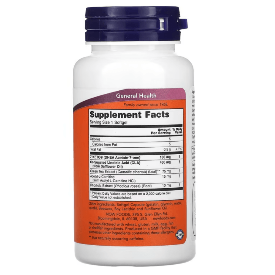 MKSTAVRINOS NOW Foods 7-Keto LeanGels supplement in 60 softgels, featuring 100 mg of 7-Keto for supporting metabolism.