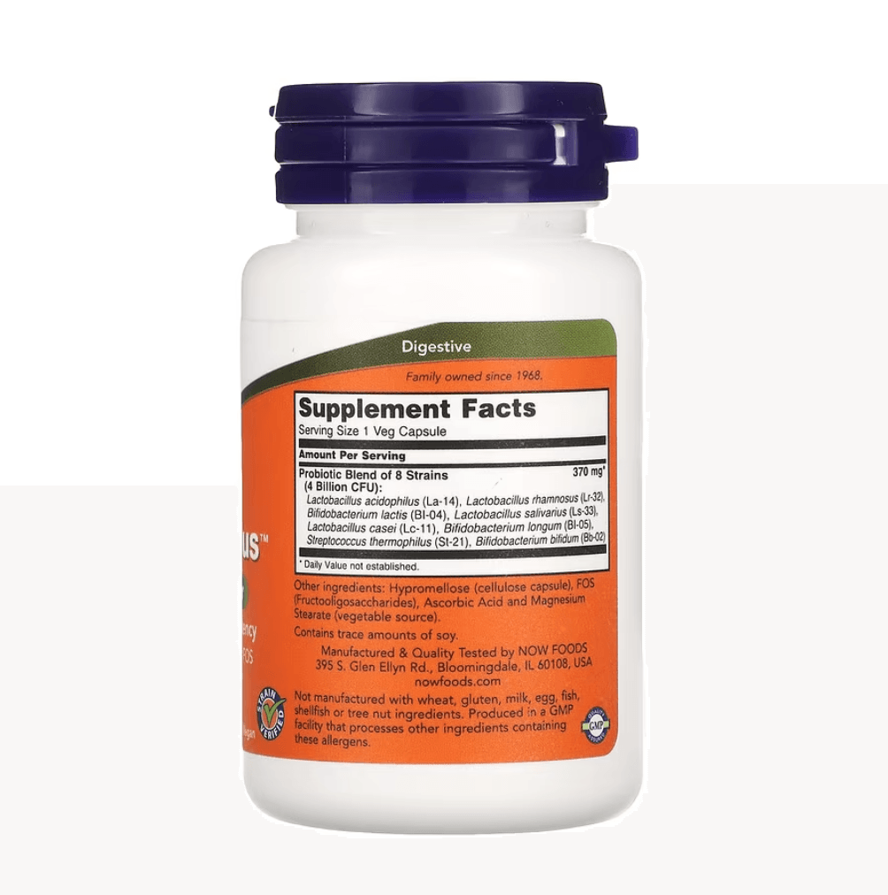 MKSTAVRINOS NOW Foods Gr8-Dophilus probiotic supplement in 60 vegan capsules, showing the supplement bottle and label.