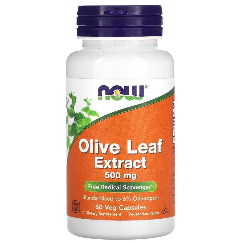 Old Products NOW Foods Olive Leaf Extract capsules, 500 mg supplement bottle with green label and capsules visible inside.