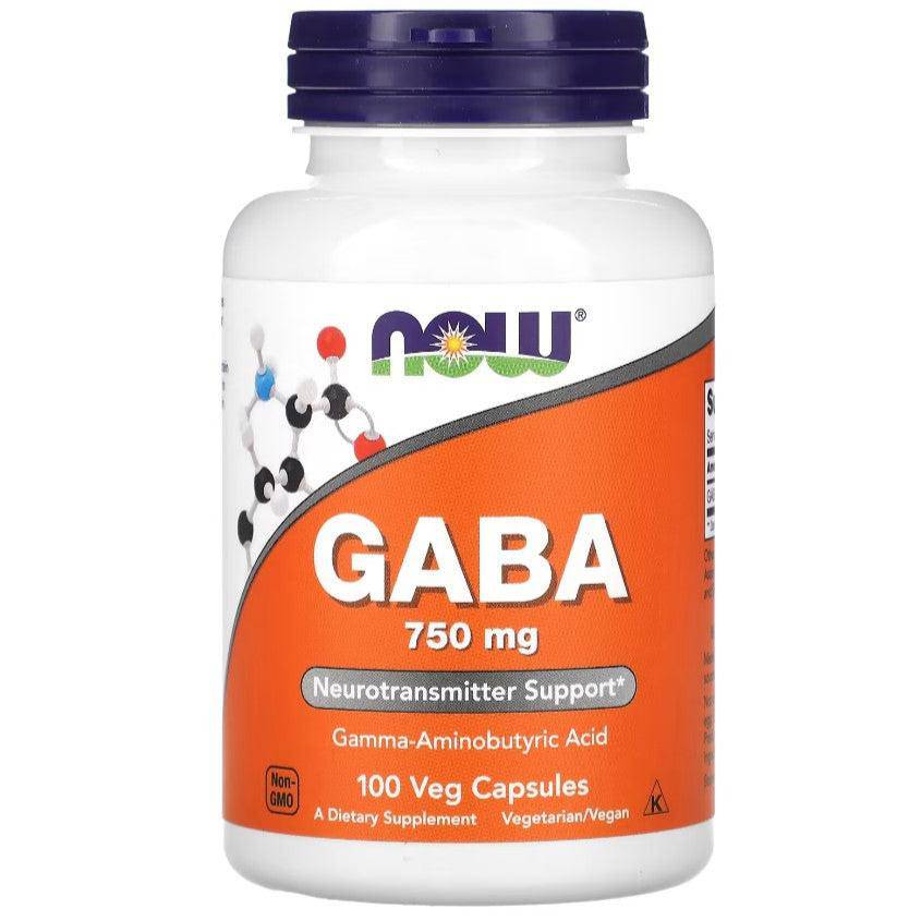 Old Products NOW Foods GABA 750 mg supplement in a bottle of 100 vegan capsules, shown in a clear container with capsules inside.