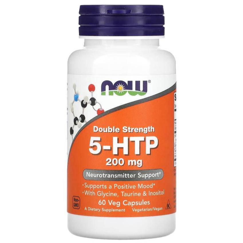 MKSTAVRINOS NOW Foods 5-HTP Double Strength supplement bottle with 60 vegetarian capsules on a white background.