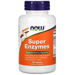 Old Products NOW Foods Super Enzymes supplement bottle with 90 tablets, featuring a label with product details and dosage information.