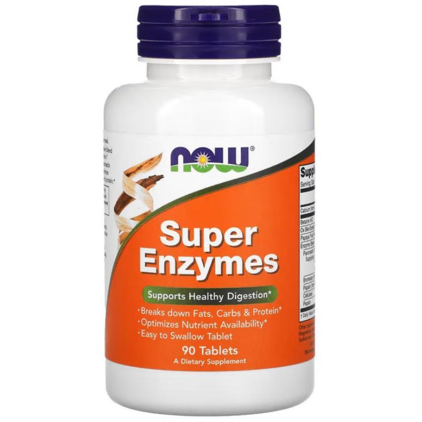 Old Products NOW Foods Super Enzymes supplement bottle with 90 tablets, featuring a label with product details and dosage information.