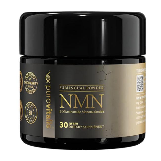 Herbalistas Purovitalis NMN Pure Powder supplement in a 30g container, shown in a clear image with the product label visible.