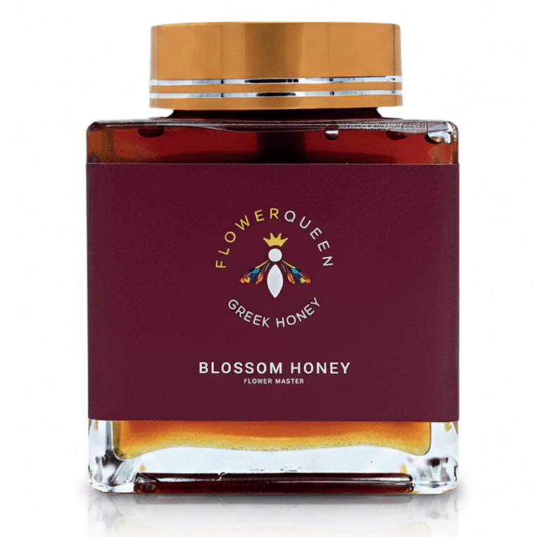 LV Natural Foods Queen Blossom Honey 500g superfood jar with golden honey dripping from a wooden honey dipper.