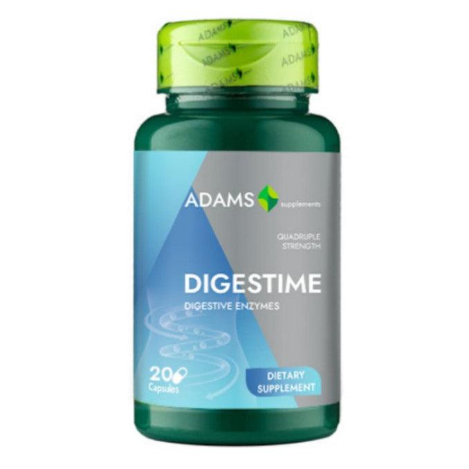 Adams Supplements Digestime bottle with 20 capsules, dietary supplement for digestion support, on a white background.