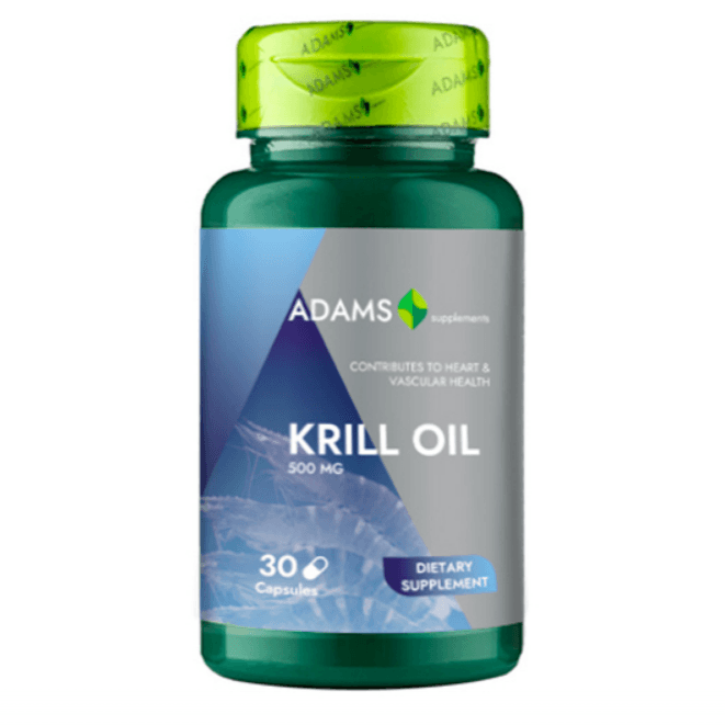 Bottle of Adams Supplements Krill Oil 500mg capsules, dietary supplement with 30 softgel capsules for omega-3 support.