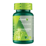 Bottle of Adams Supplements Ashwagandha 400mg supplement with white label and green cap on a plain background.