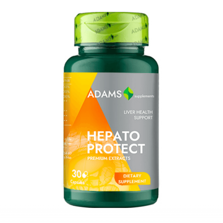Bottle of Adams Supplements HepatoProtect dietary supplement capsules, 30 count, with label displaying product details.