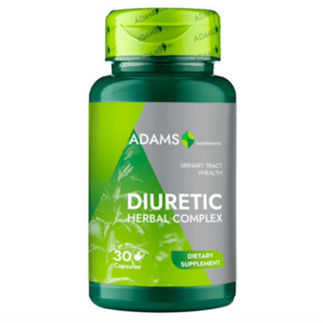 Bottle of Adams Supplements Diuretic Herbal Complex supplement with label showing herbal ingredients and dosage information.