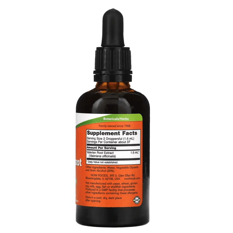 MKSTAVRINOS NOW Foods valerian root extract supplement in a 2 fl oz bottle, used for relaxation and sleep support.