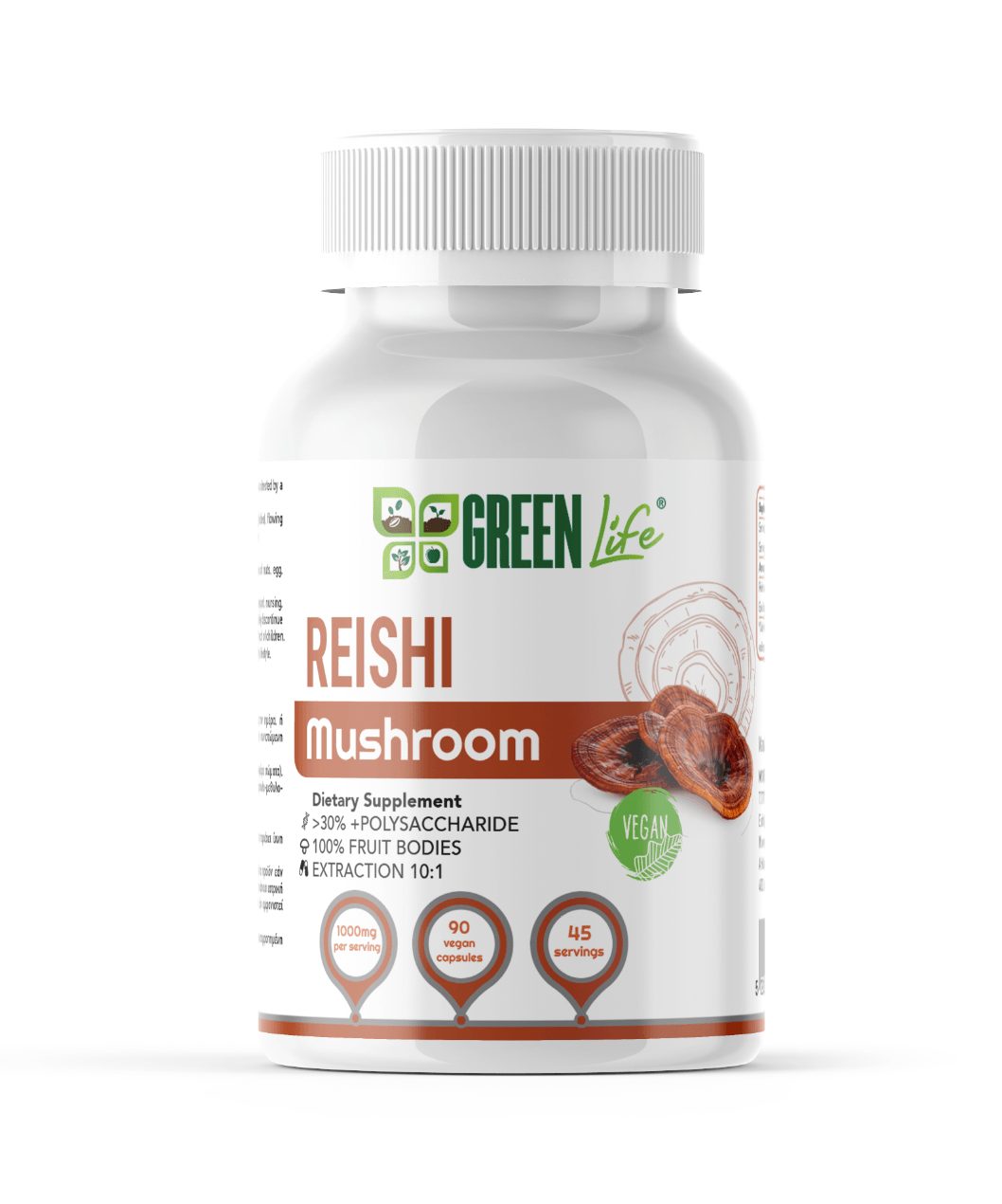 Green Life Reishi Mushroom supplement bottle with 90 capsules, promoting immunity and daily wellbeing.