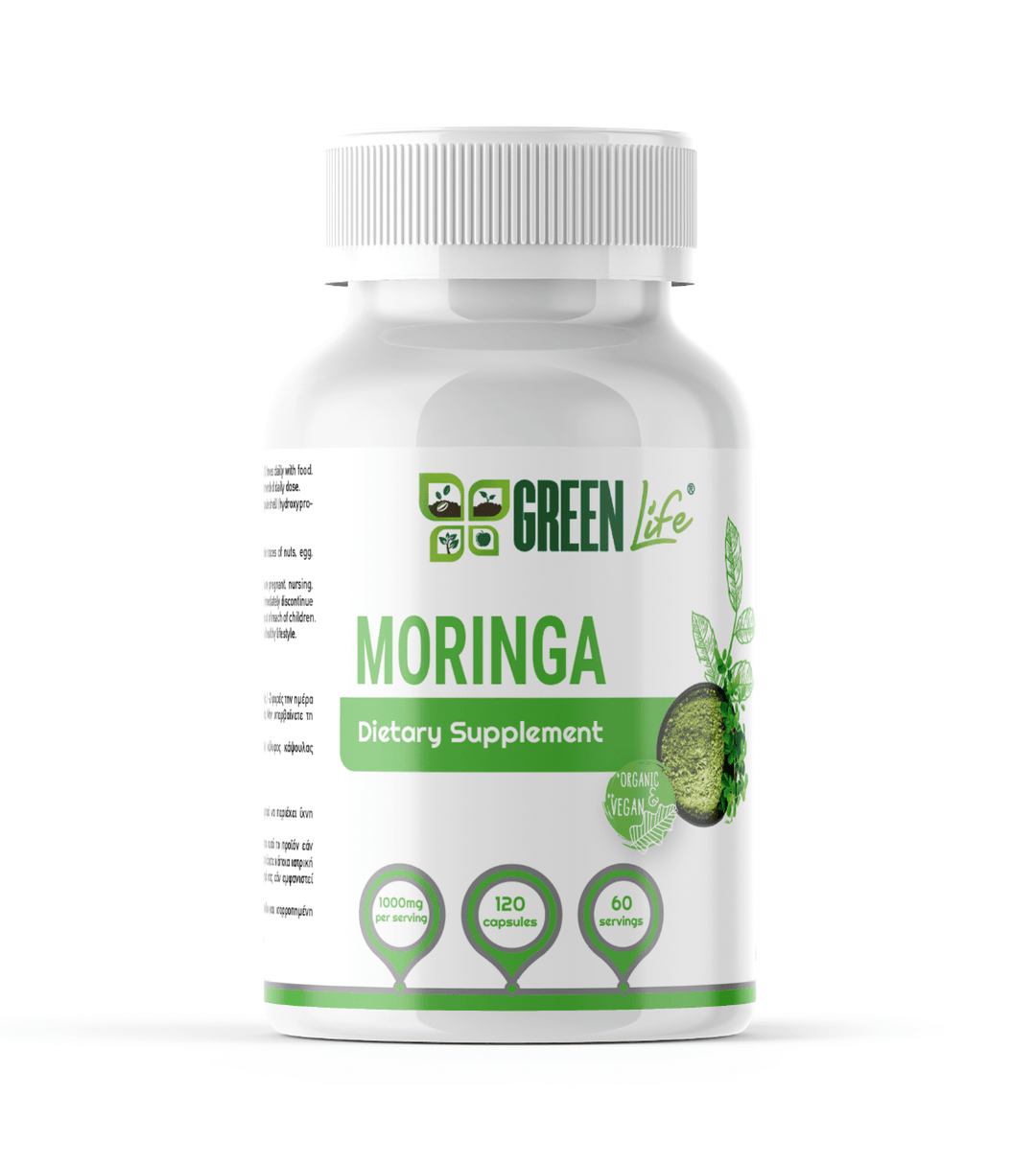 Green Life Moringa herbal supplement capsules, pure organic moringa for natural vitality, from GREEN LIFE CYPRUS.