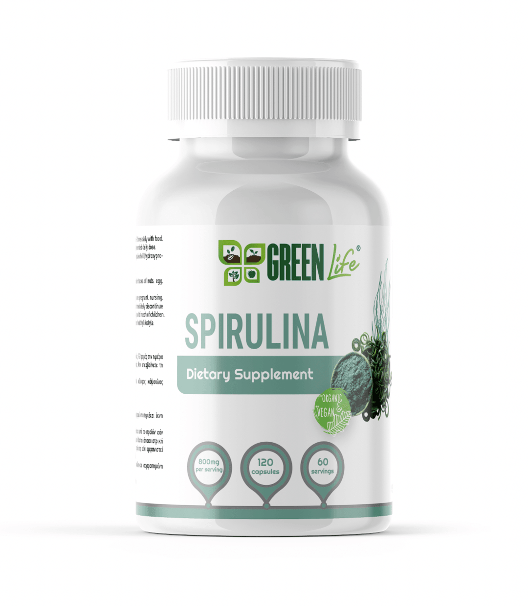 Green Life Spirulina organic supplement capsules, 120-count, showing green capsules in a bottle for natural vitality.