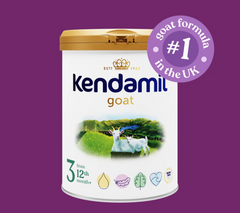 Kendamil Goat Toddler Milk Stage 3 for 12+ months, PETROUTSIOS brand, shown in a clear container with milk powder.