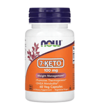 NOW Foods 7-Keto 100 mg supplement bottle with 60 vegetarian capsules, labeled with product details and branding.