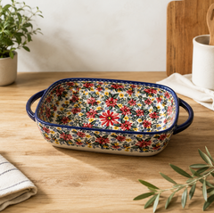 Floral Heritage Polish Ceramic Baking Dish with Handles – Hand-Painted Stoneware Oven-to-Table Serveware