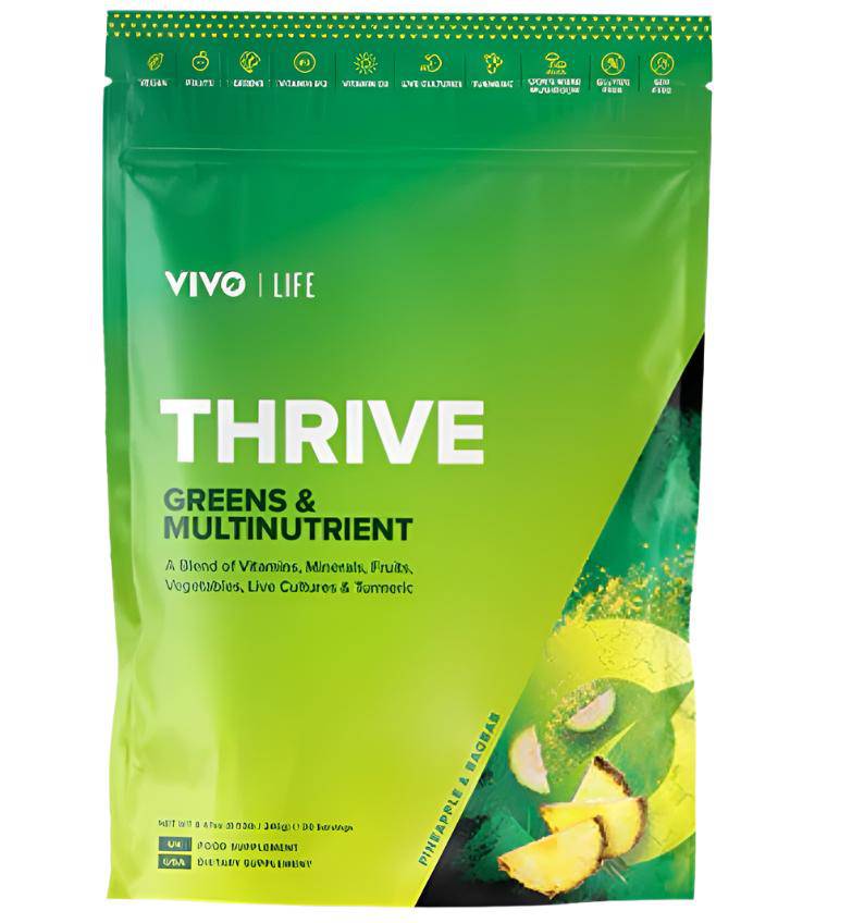 Old Products Thrive Pineapple and Baobab supplement container with label, featuring vibrant fruit images and product details.