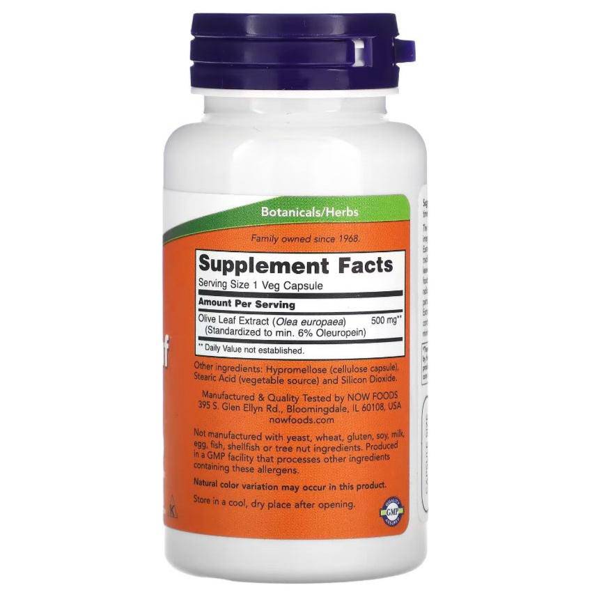 Olive leaf extract supplement capsules by NOW Foods in a bottle, 500 mg per capsule, for immune support and antioxidant benefits.