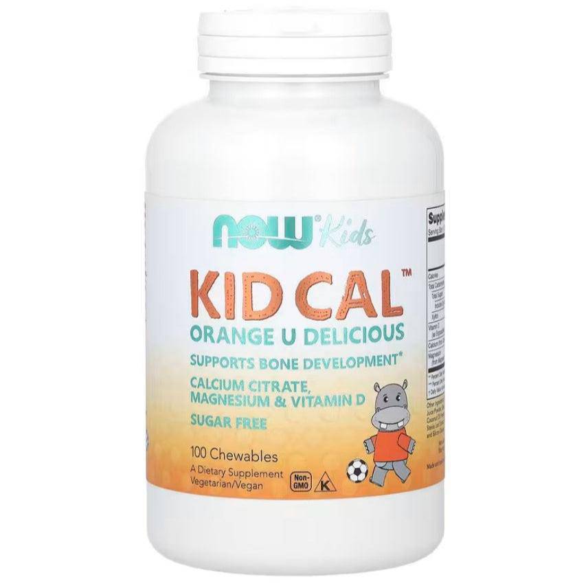 Now Foods Kid Cal tart orange chewables supplement for children, showing a colorful bottle and orange-flavored tablets.