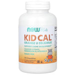 Now Foods Kid Cal tart orange chewables supplement for children, showing a colorful bottle and orange-flavored tablets.
