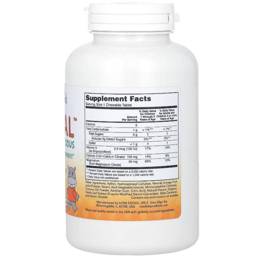 Now Foods Kid Cal tart orange chewable supplement for children, 100 chewables with orange flavor and nutritional benefits.