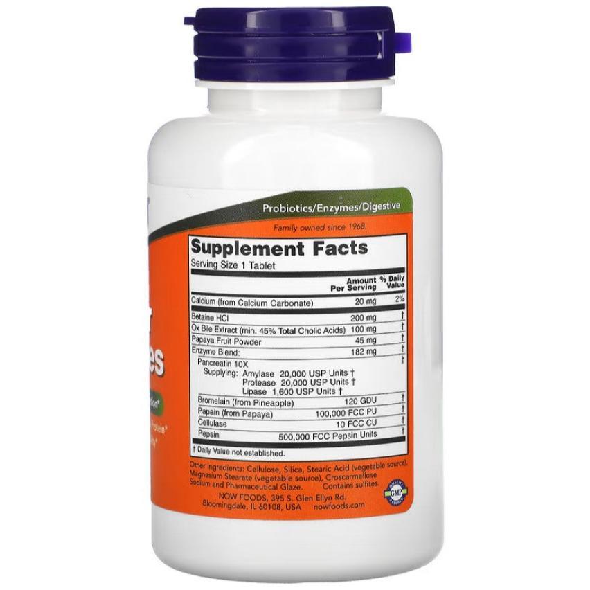 Old Products NOW Foods Super Enzymes supplement bottle with 90 tablets, showing the label and product packaging.