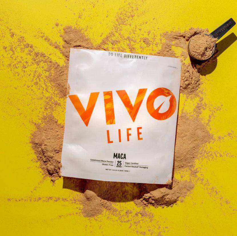VIVO LIFE MACA Passion & Power supplement bottle with vibrant label design and natural ingredient imagery.