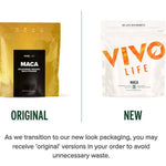 VIVO LIFE MACA Passion & Power supplement in a jar, with a scoop of powdered MACA root on a wooden surface.