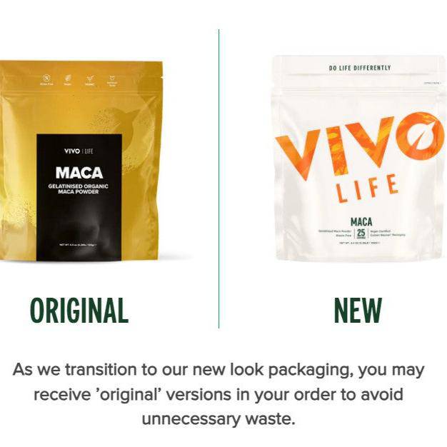 VIVO LIFE MACA Passion & Power supplement in a jar, with a scoop of powdered MACA root on a wooden surface.