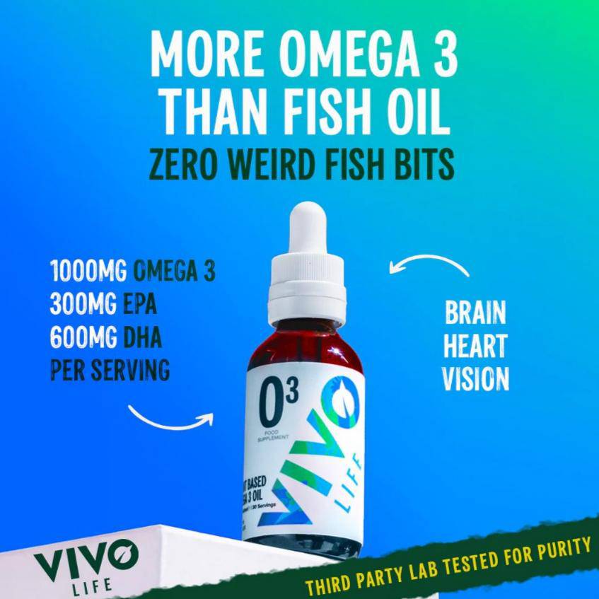 Vivo Life plant-based Omega 3 supplement bottle with label showing omega symbols and product details.