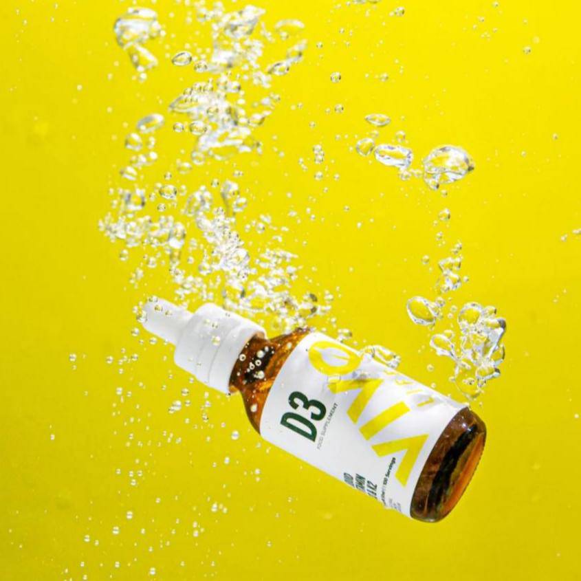 Vivo Life Vitamin D3 with K2 plant-based supplement bottle showing label with product details and branding.