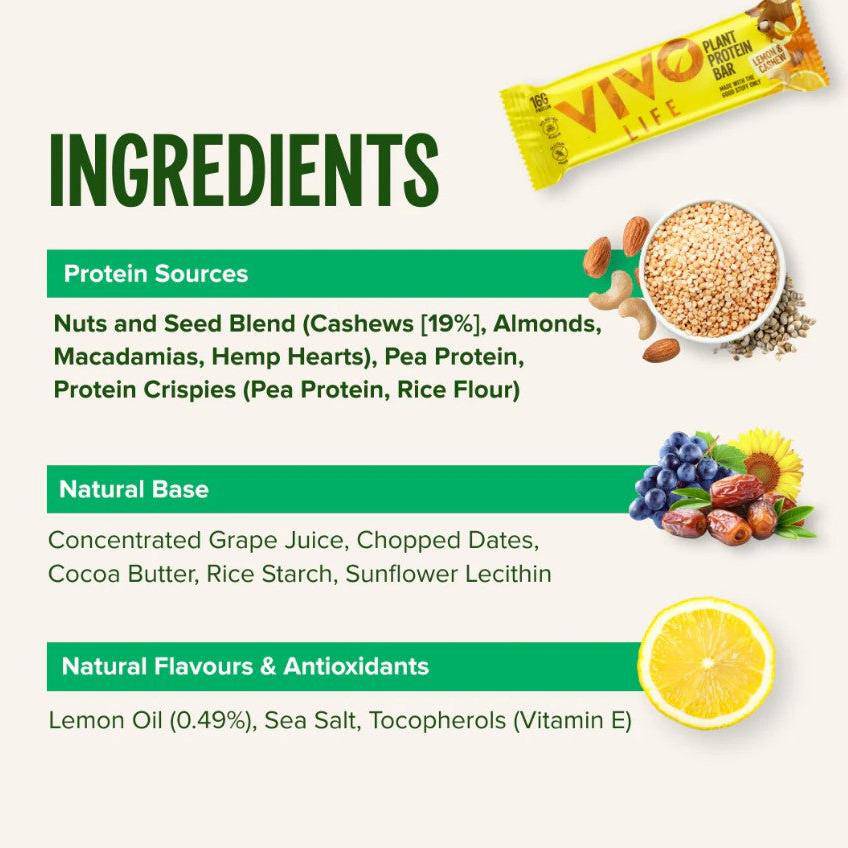 Vivo Life Plant Protein Bars in lemon and cashew flavor, energy snack with vibrant lemon and nutty cashew pieces.