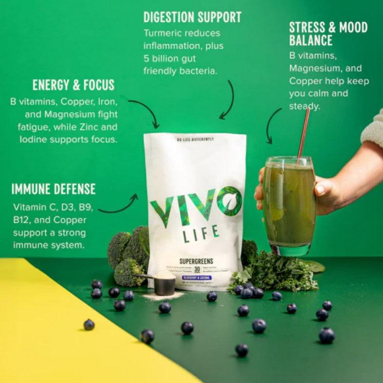 VIVO LIFE THRIVE Supergreens supplement with blueberry and lucuma powder, featuring vibrant green and blueberry flavor notes.