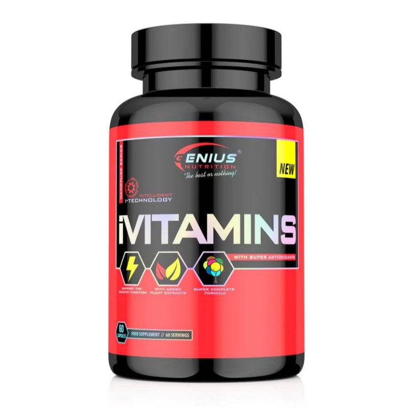 Genius Nutrition iVITAMINS supplement bottle with 60 capsules, showing the label and supplement details.