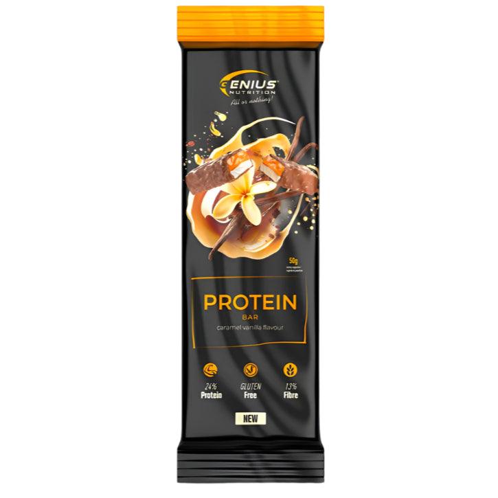 Genius Nutrition Multilayer Protein Bar 50g, superfood snack with layered texture and healthy ingredients, displayed in a close-up image.