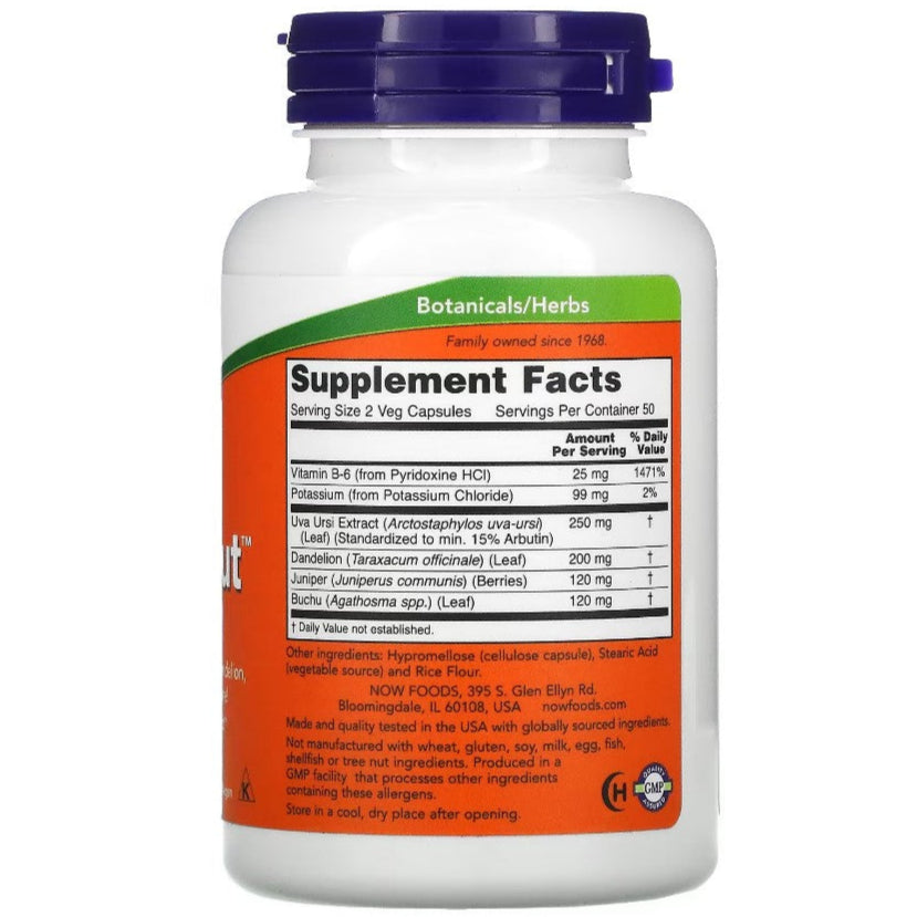 MKSTAVRINOS NOW Foods Water Out fluid balance supplement in 100 veggie capsules, showing the supplement bottle and label.