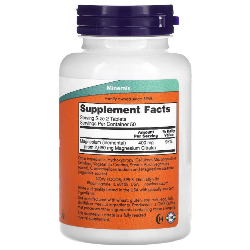 MKSTAVRINOS Magnesium Citrate supplement bottle with 100 tablets, 200 mg magnesium content, showing the label and tablets.