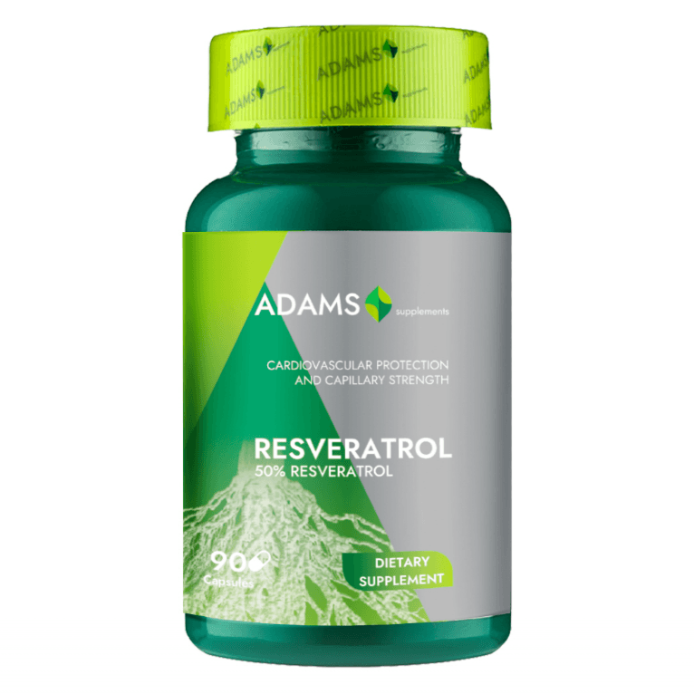 Bottle of Adams Supplements Resveratrol 50mg capsules, dietary supplement for health and wellness, 90 count.