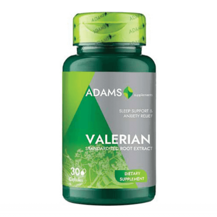 Bottle of Adams Supplements Valerian 300mg supplement with label showing supplement details and branding.