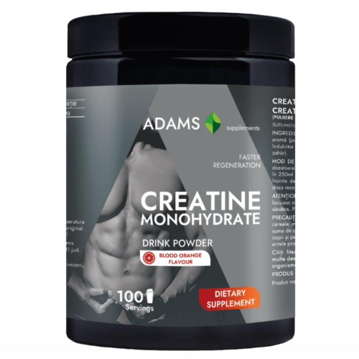 Container of Adams Supplements creatine monohydrate supplement powder in a 400g jar, with label and scoop included.